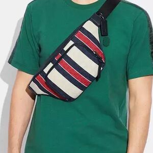 Coach - Thompson Belt Bag in Signature Jacquard  Striped Blue, Red, Off White